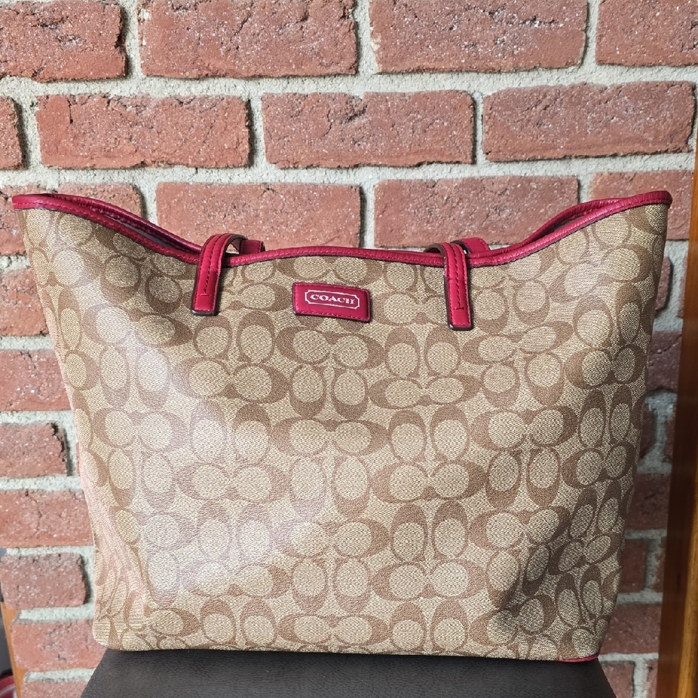 Coach Brown and Red Tote Bag with Signature Design